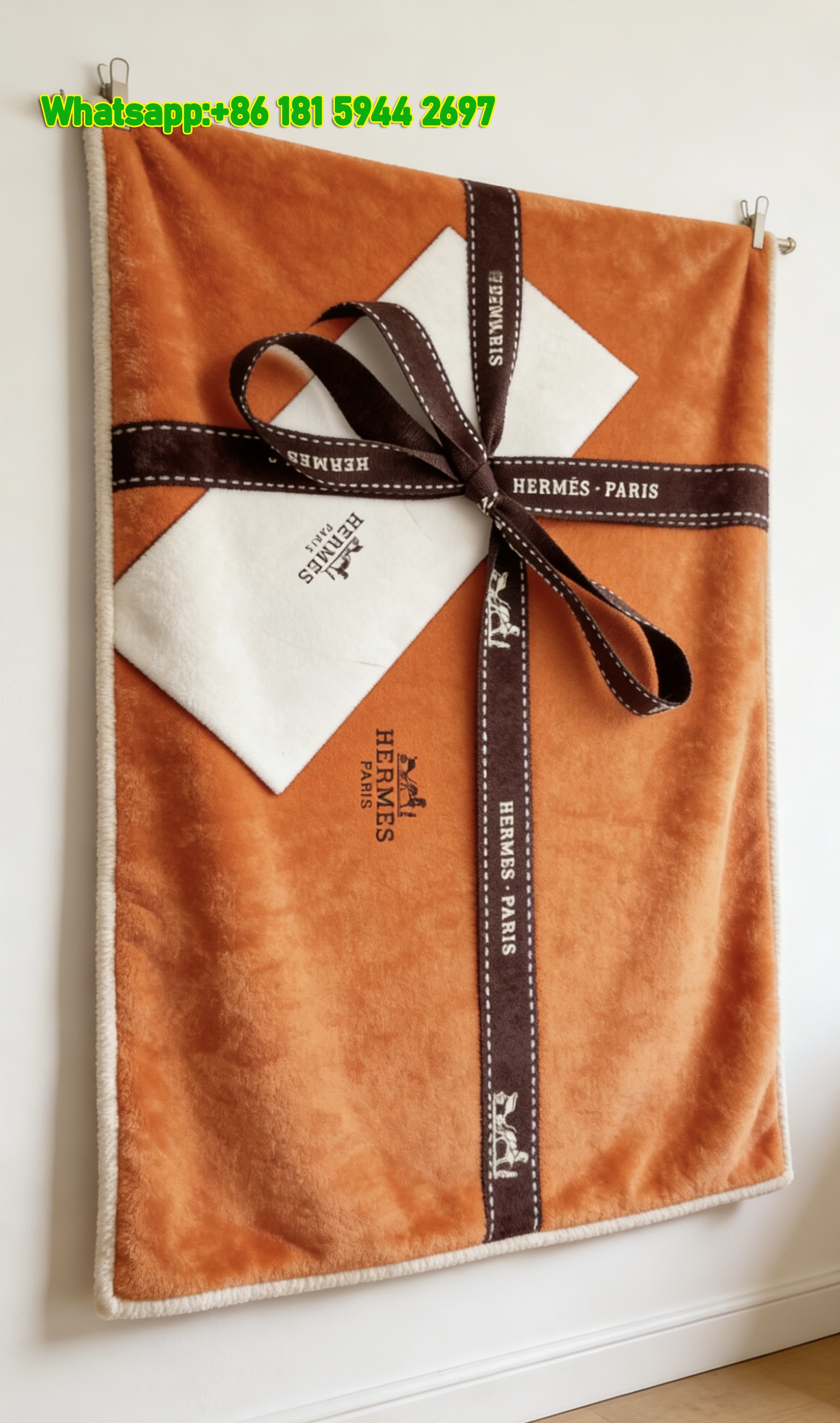 Hermès Orange Gift Box Ribbon Flannel Throw Blanket IMG_5054